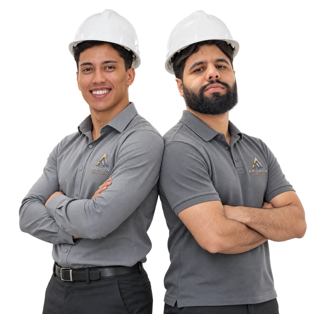 Os dois fundadores da Arghon Tecnologia, de capacete branco e camisa cinza com a logo da empresa, lado a lado e de braços cruzados