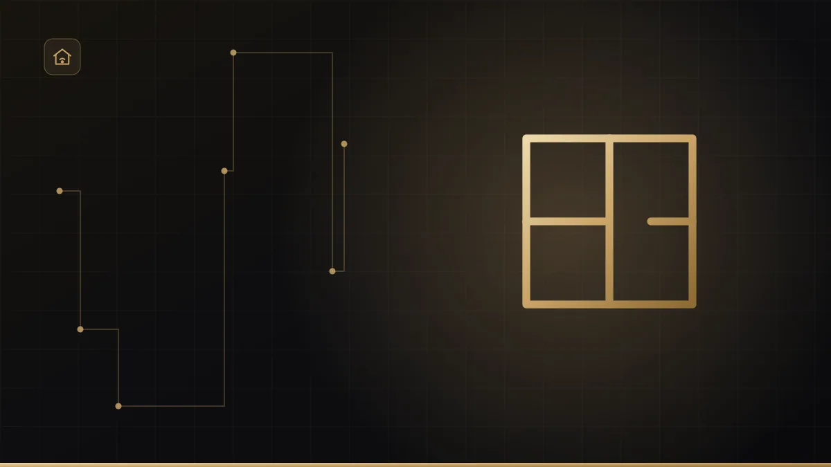 Casa em obra ao lado de casa pronta com ícones de automação em dourado sobre fundo escuro