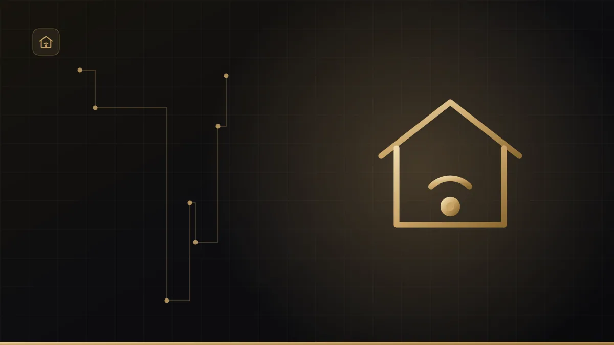 Casa moderna com ícones de automação conectados em dourado sobre fundo escuro