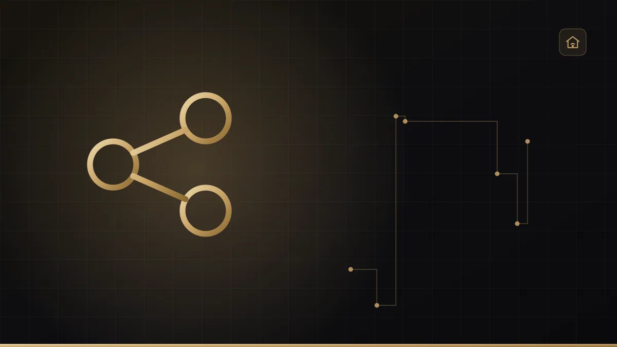 Diagrama de equipamentos de casa inteligente com central e dispositivos em dourado sobre fundo escuro
