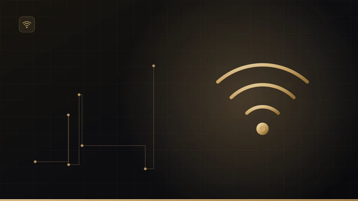 Diagrama de rede empresarial com switch, roteador e pontos de acesso em dourado sobre fundo escuro