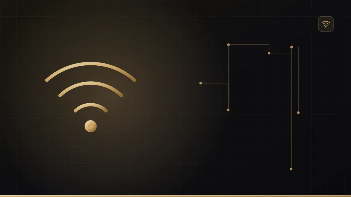 Escritório com pontos de acesso Wi-Fi no teto em dourado sobre fundo escuro