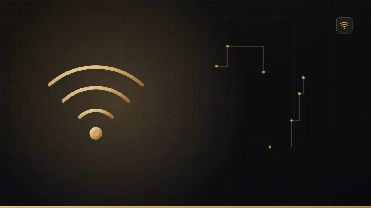 Casa de vários andares com ondas de Wi-Fi distribuídas em dourado sobre fundo escuro